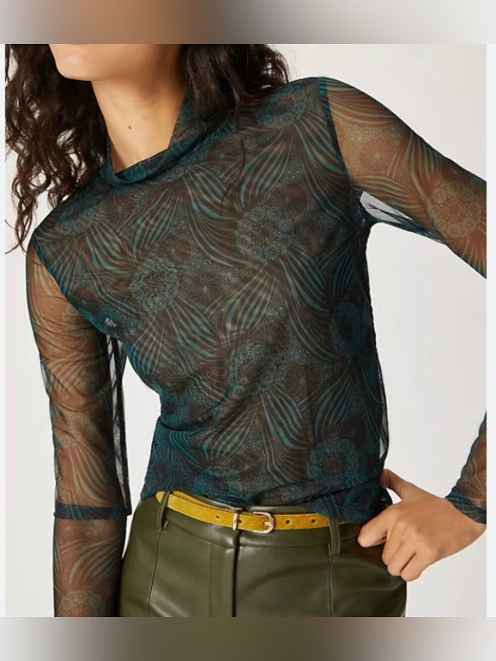 Anthropologie Gauzy Turtleneck- Sheer Black/Green Floral Mesh Long-Sleeve Top